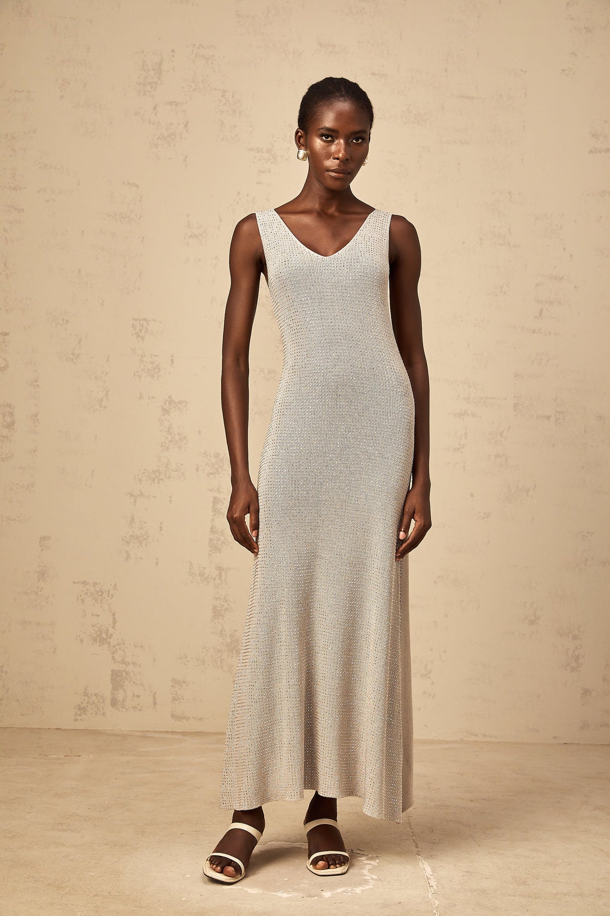Aurohaya Wanda grey rhinestone knitted tank maxi dress