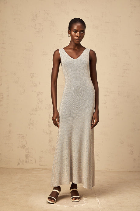 Aurohaya Wanda grey rhinestone knitted tank maxi dress