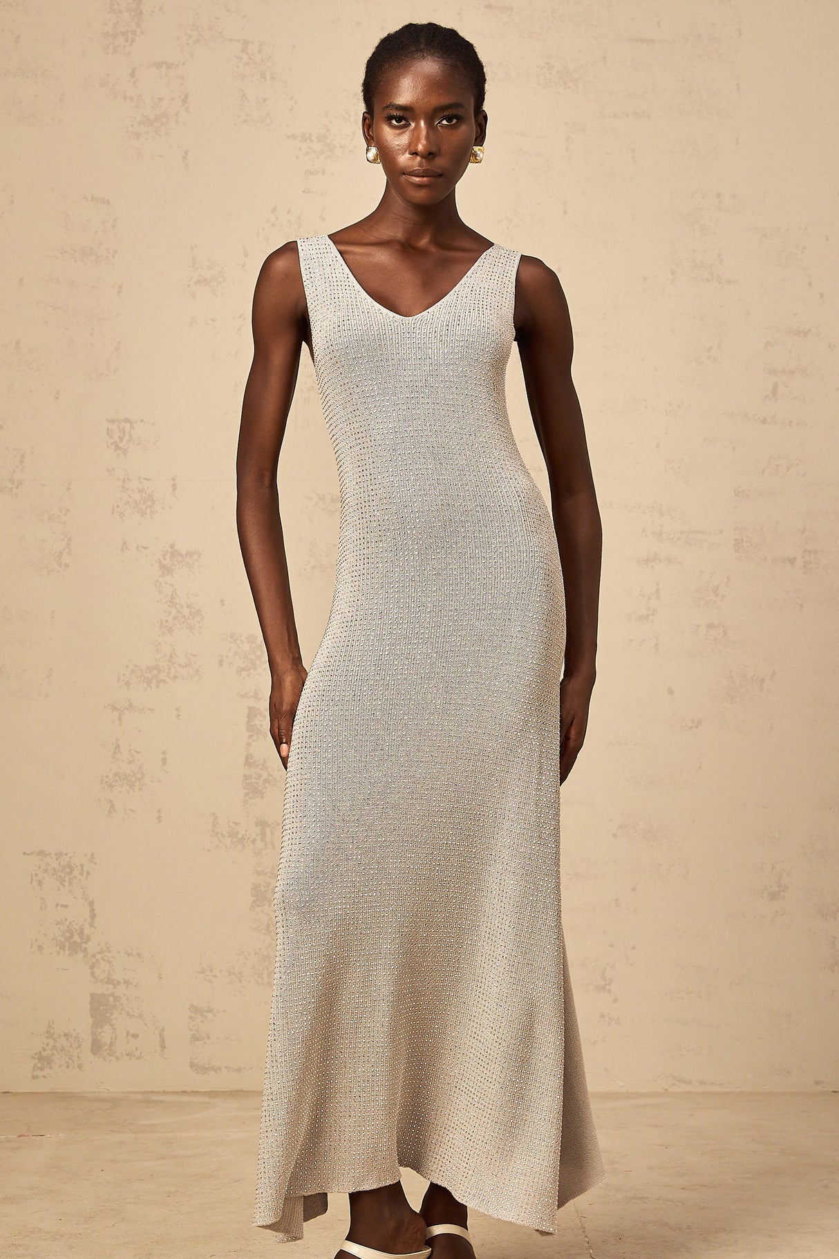 Aurohaya Wanda grey rhinestone knitted tank maxi dress