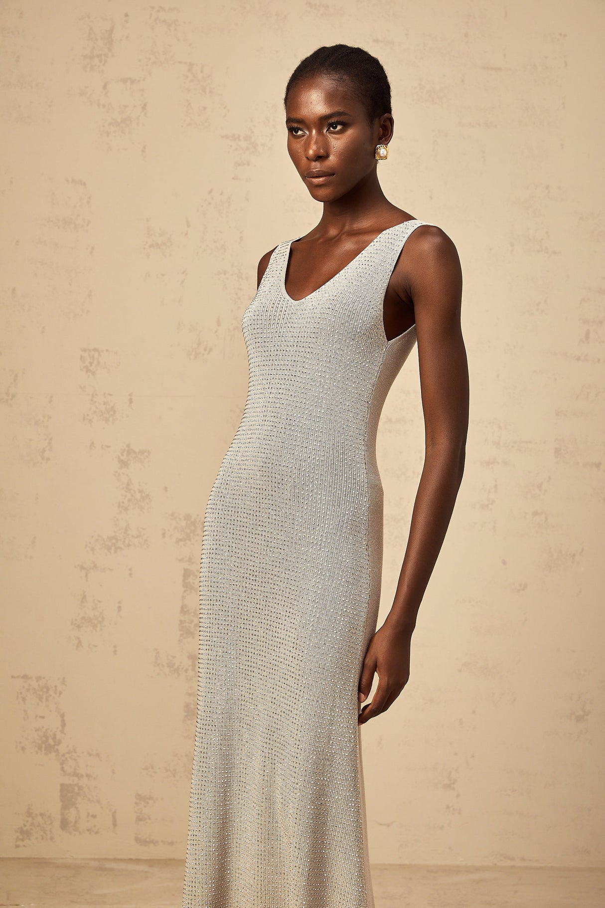 Aurohaya Wanda grey rhinestone knitted tank maxi dress