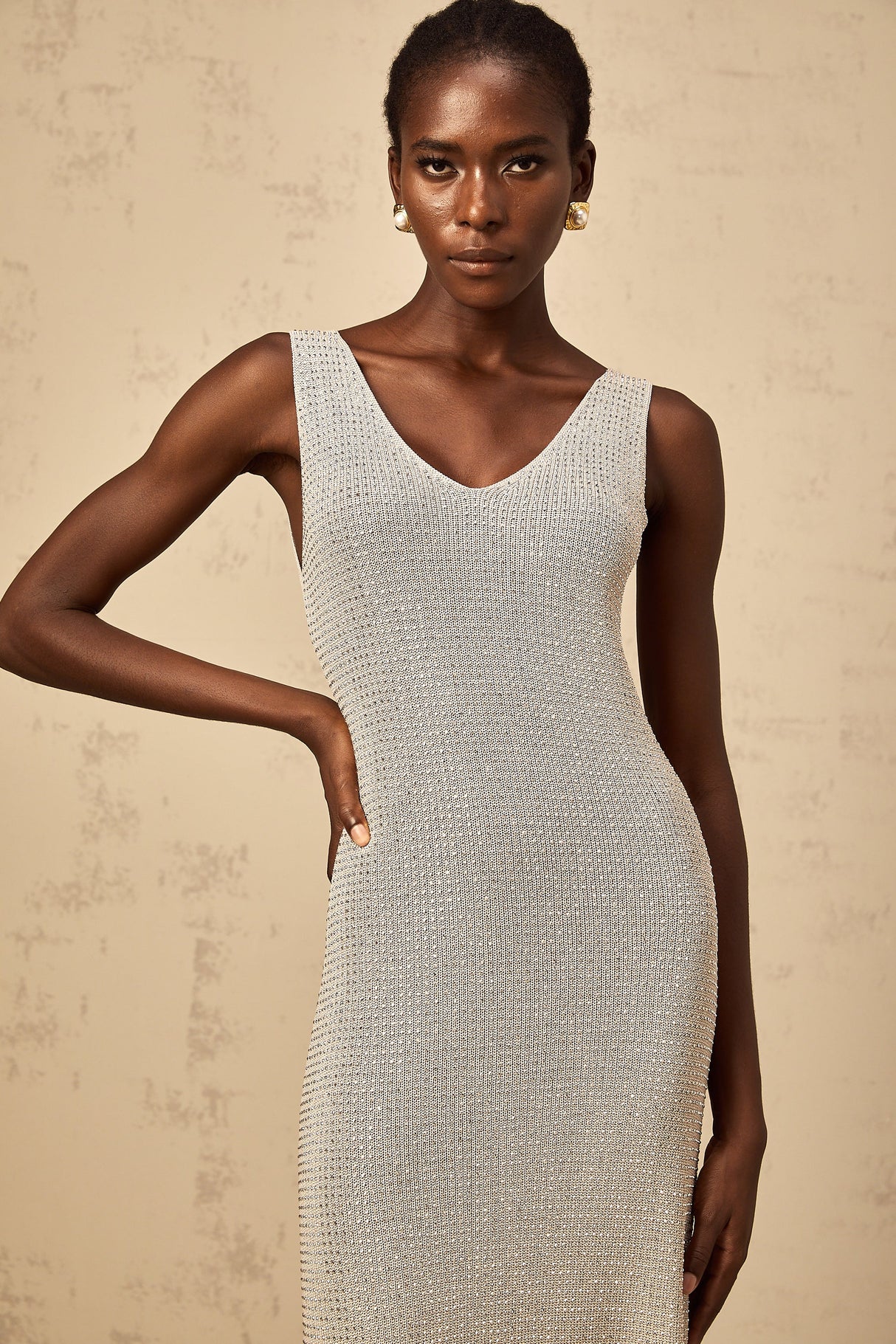 Aurohaya Wanda grey rhinestone knitted tank maxi dress