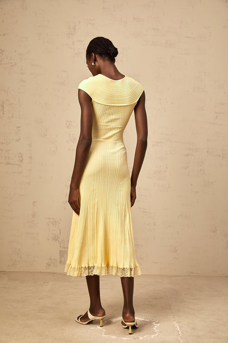 Aurohaya Airelle yellow lace-panelled rib-knit midi dress