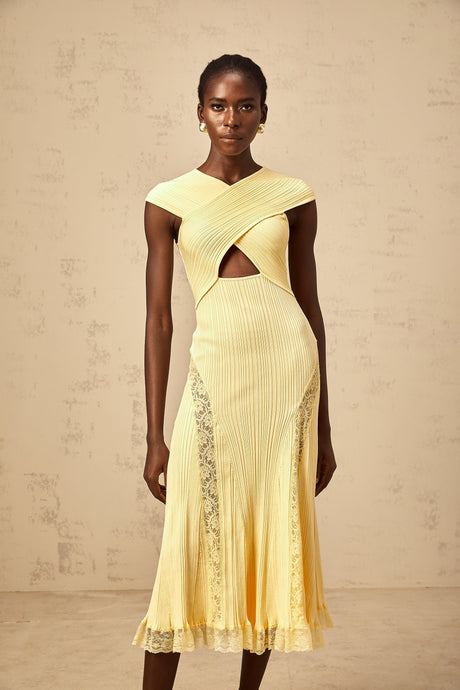 Aurohaya Airelle yellow lace-panelled rib-knit midi dress