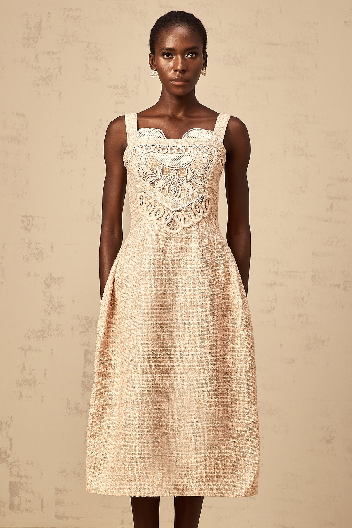 Aurohaya Véronica neutrals interwoven embroidered mini dress