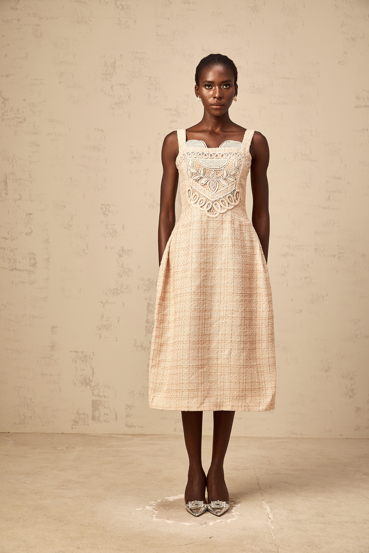 Aurohaya Véronica neutrals interwoven embroidered mini dress