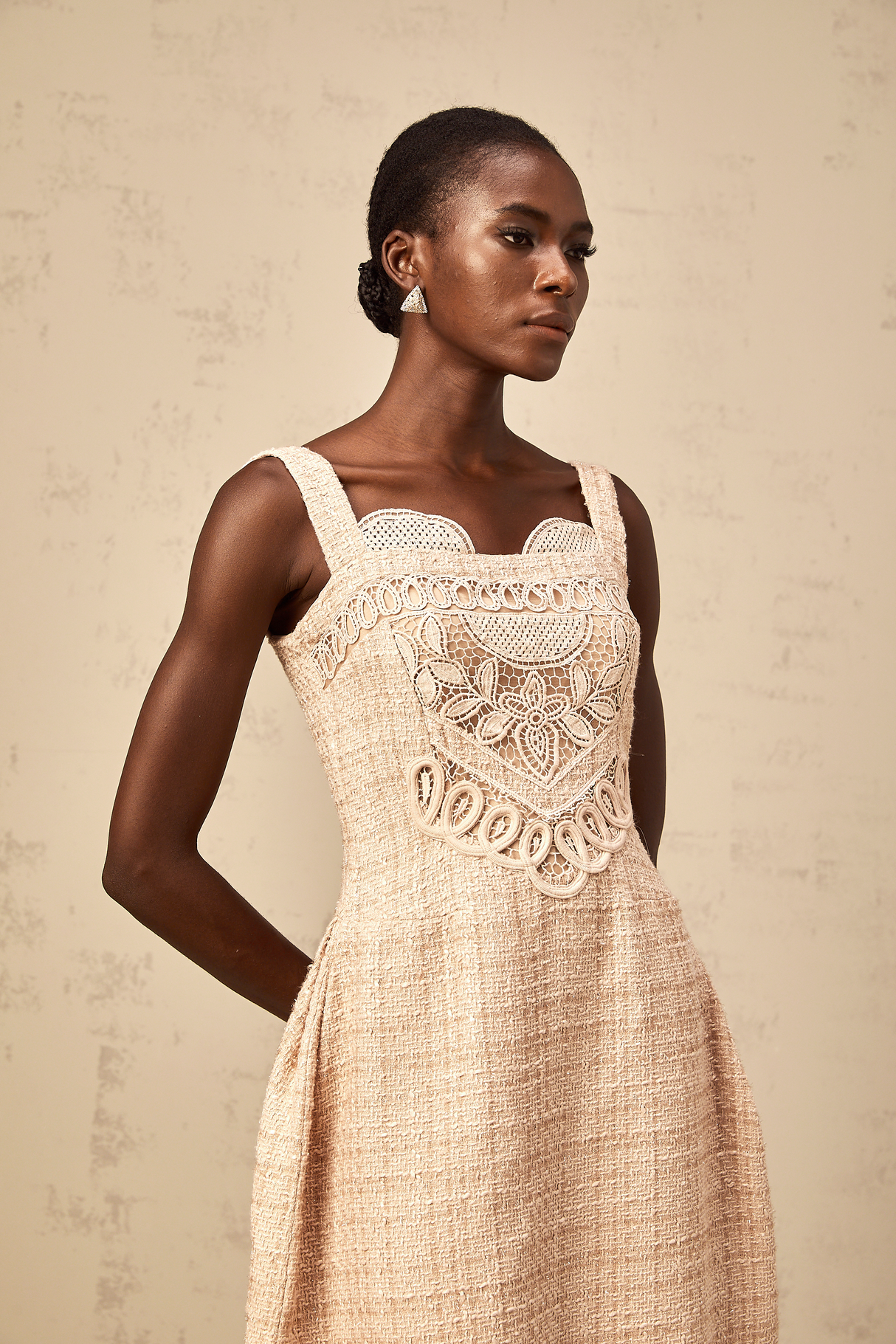 Aurohaya Véronica neutrals interwoven embroidered mini dress