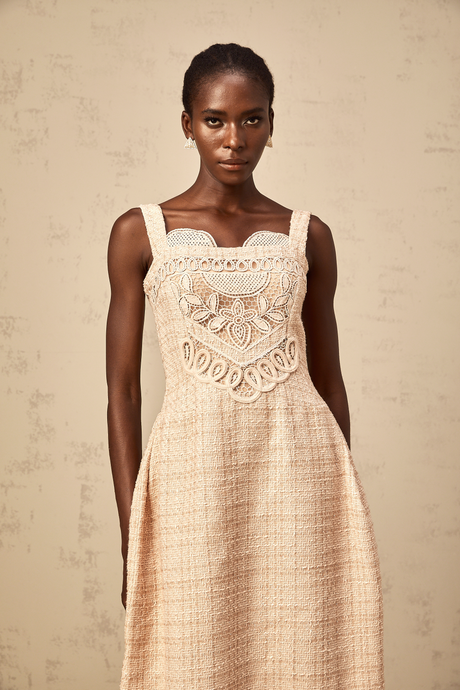 Aurohaya Véronica neutrals interwoven embroidered mini dress