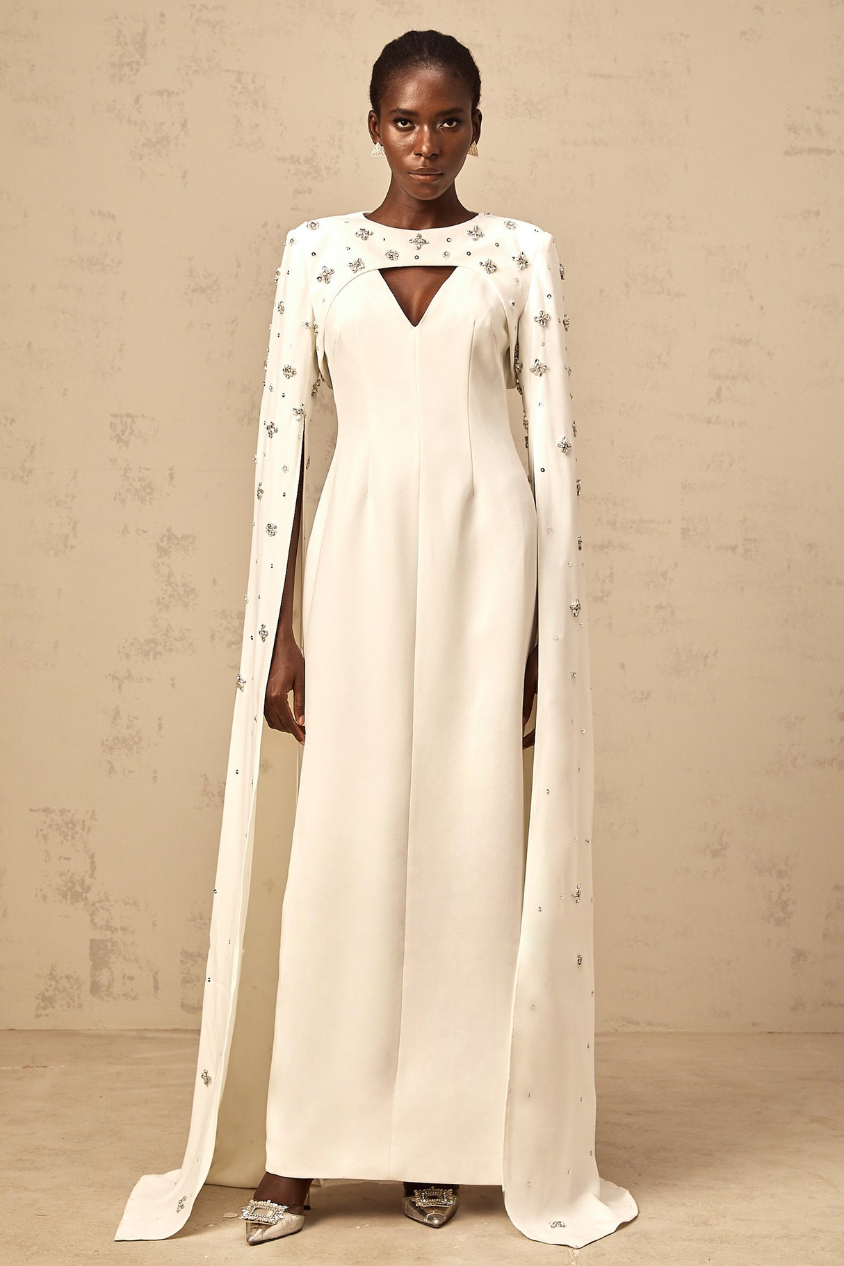 Aurohaya Fanny White Extra-long-sleeve Embellished Gown