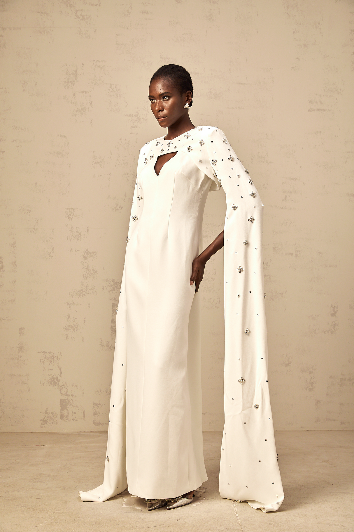 Aurohaya Fanny White Extra-long-sleeve Embellished Gown