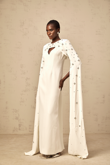 Aurohaya Fanny White Extra-long-sleeve Embellished Gown