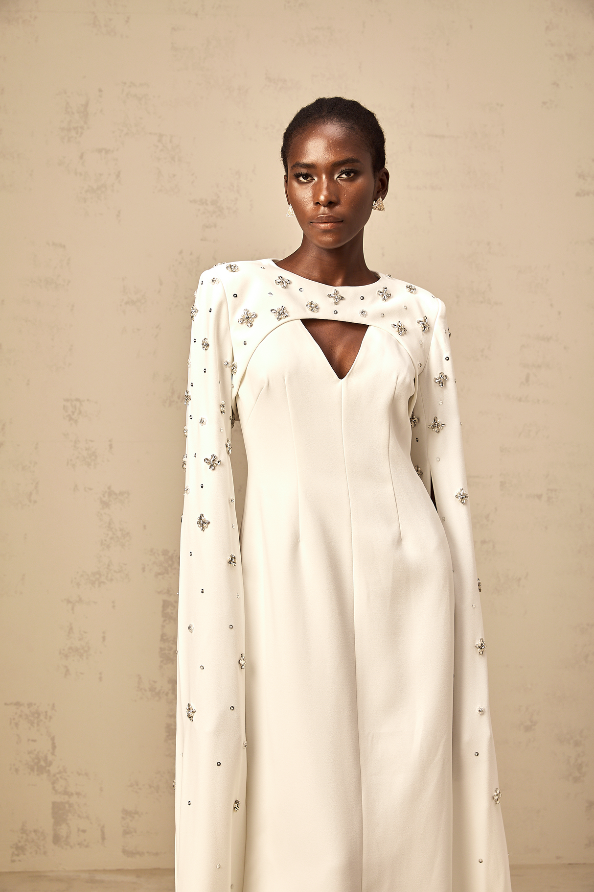 Aurohaya Fanny White Extra-long-sleeve Embellished Gown