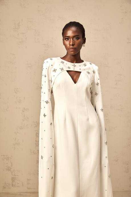 Aurohaya Fanny White Extra-long-sleeve Embellished Gown