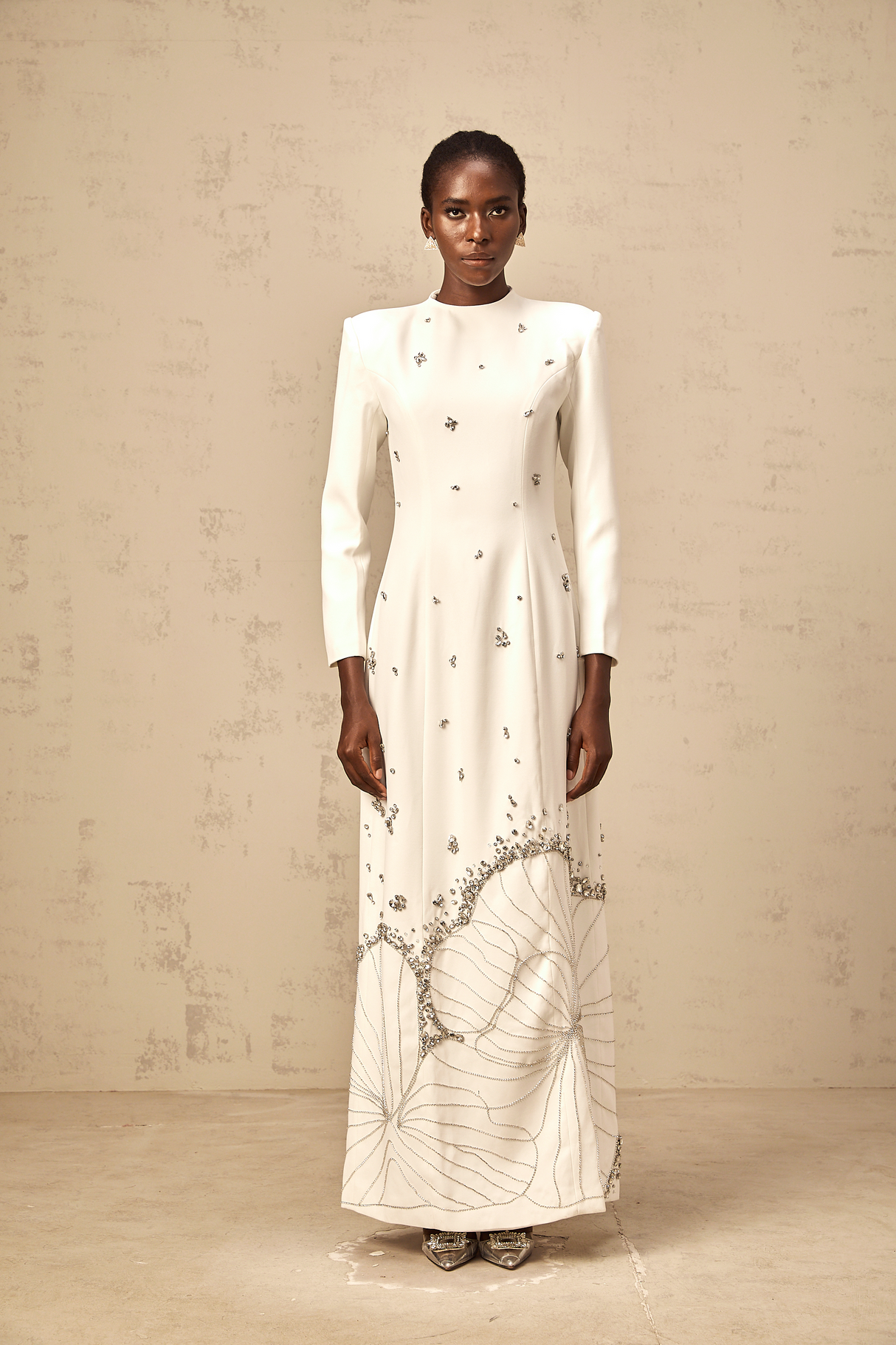 Aurohaya Daphné white lotus-motif embellished maxi dress