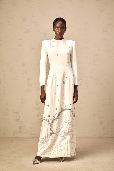 Aurohaya Daphné white lotus-motif embellished maxi dress