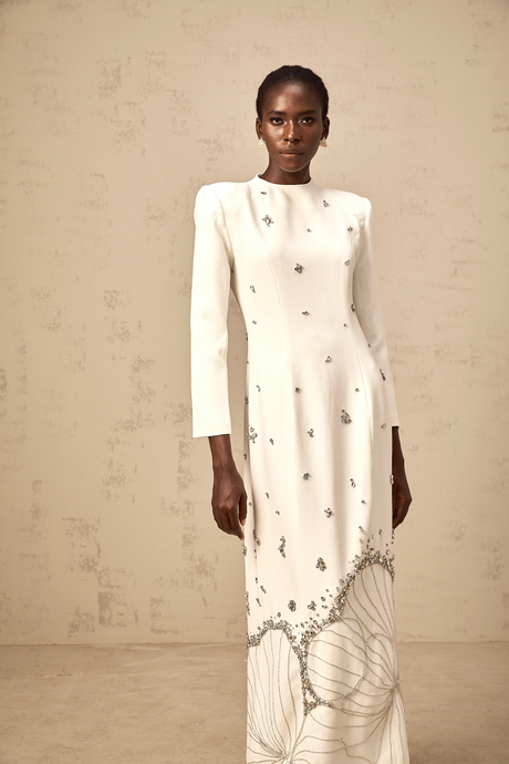 Aurohaya Daphné white lotus-motif embellished maxi dress