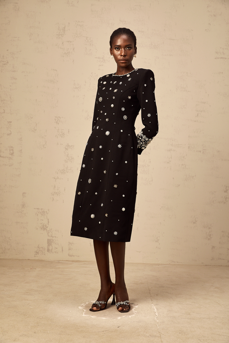 Aurohaya Gaëlle black dart-detail embellished midi dress