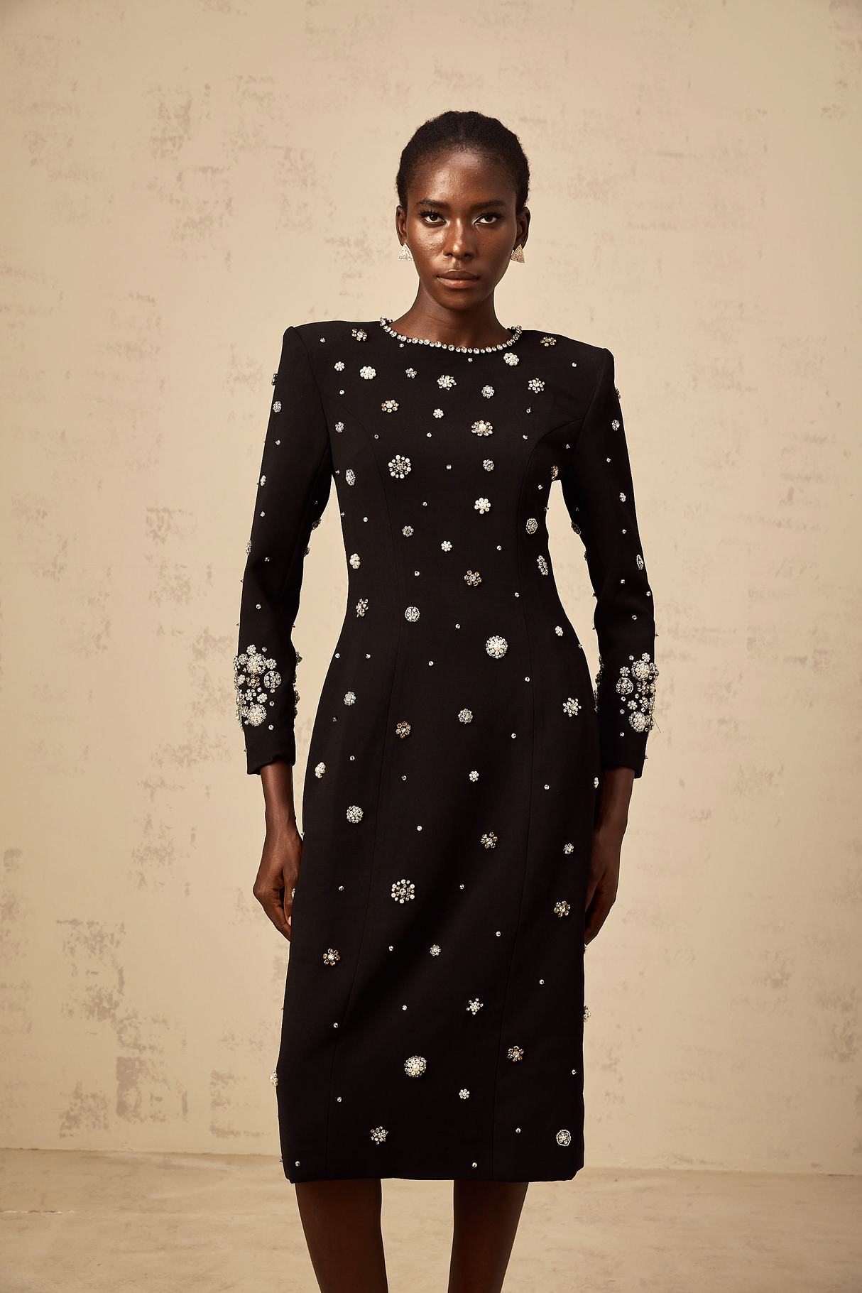 Aurohaya Gaëlle black dart-detail embellished midi dress