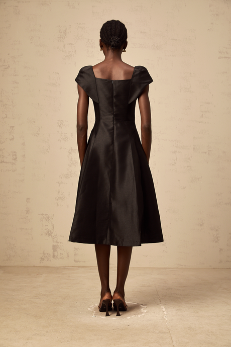 Aurohaya Ulrique black floral-appliqué satin midi dress