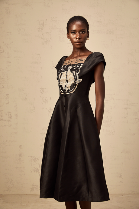 Aurohaya Ulrique black floral-appliqué satin midi dress