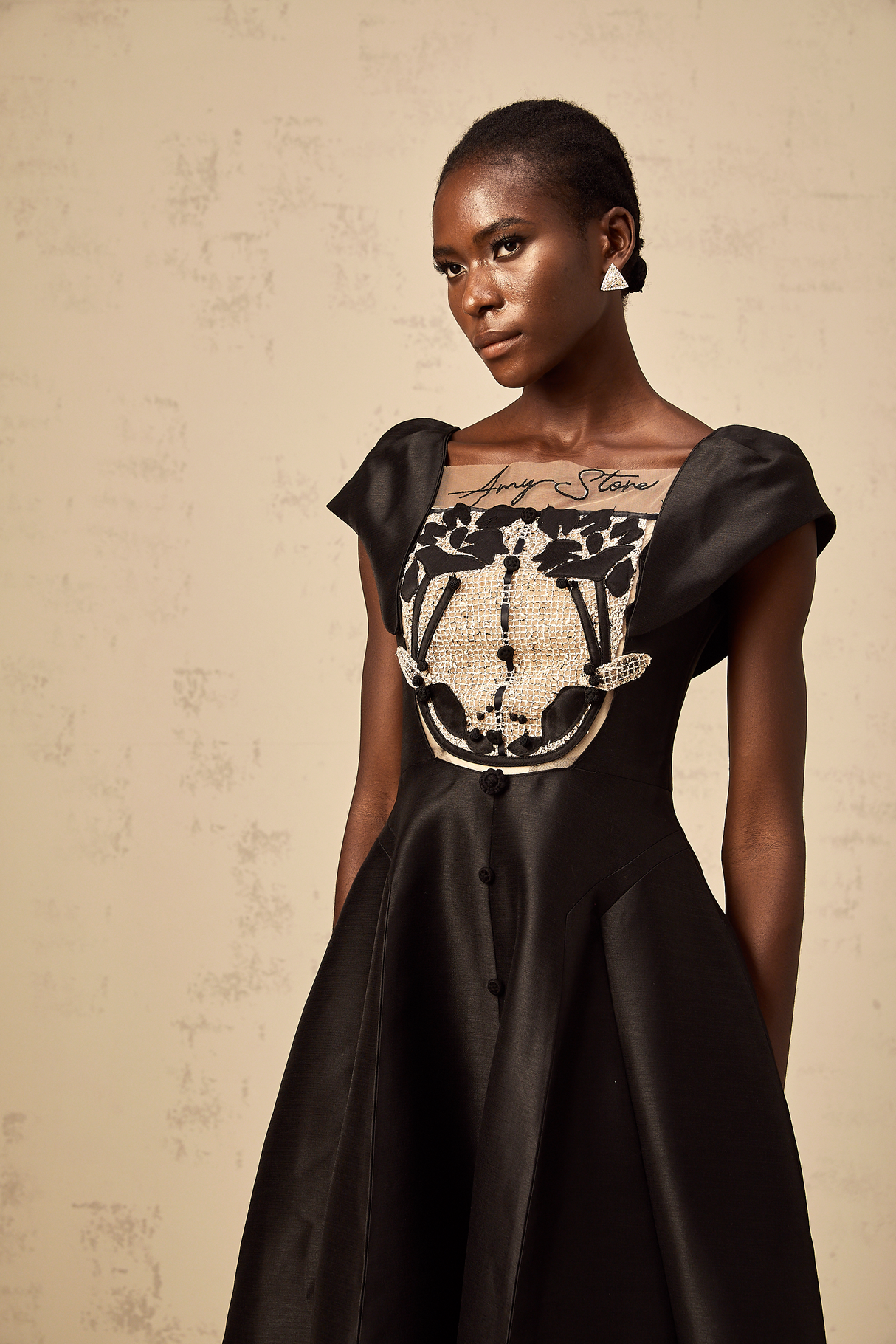Aurohaya Ulrique black floral-appliqué satin midi dress
