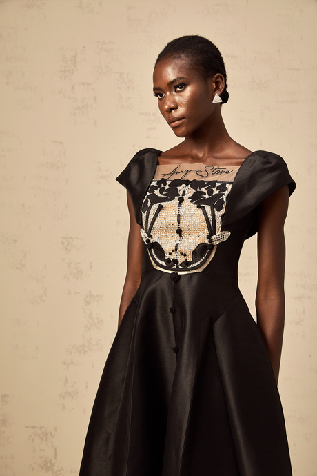 Aurohaya Ulrique black floral-appliqué satin midi dress