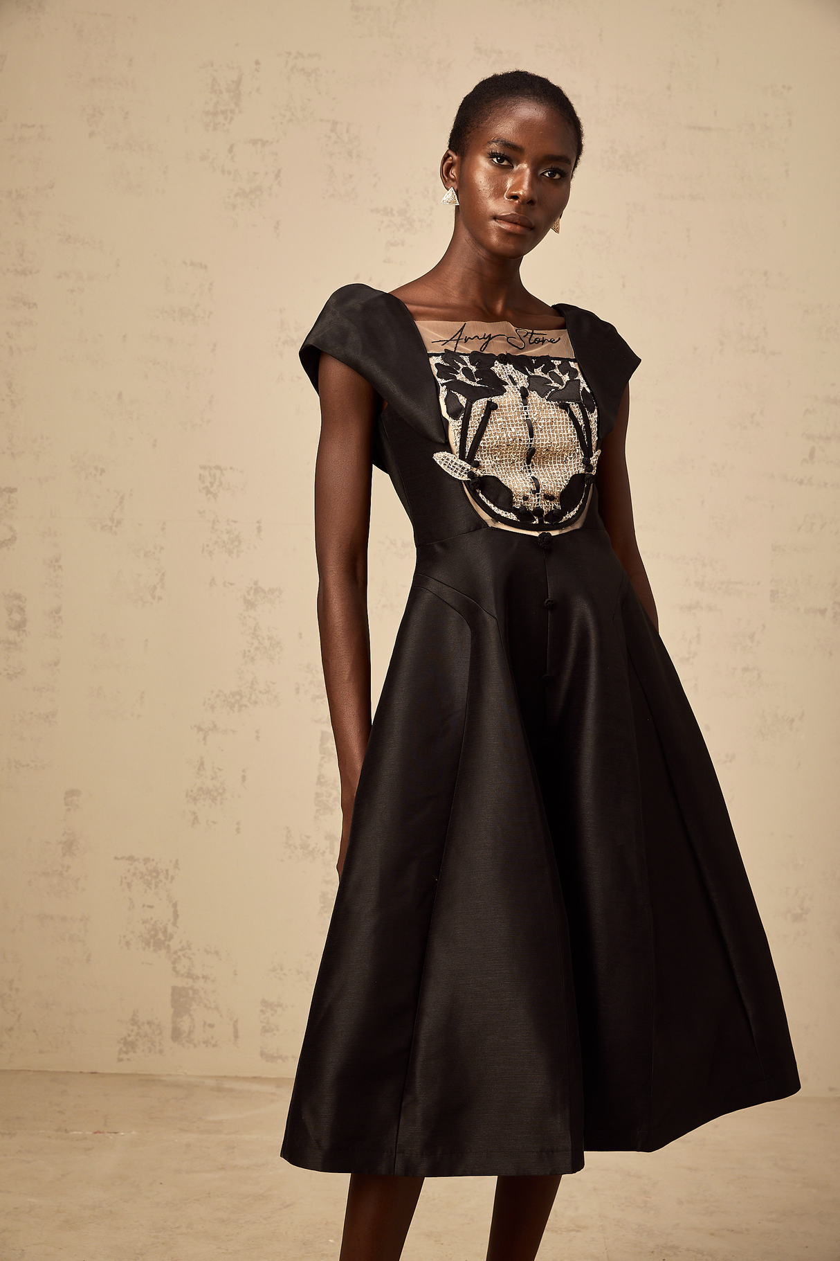 Aurohaya Ulrique black floral-appliqué satin midi dress