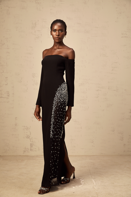 Aurohaya Hyacinthe black mesh-panel embellished maxi dress
