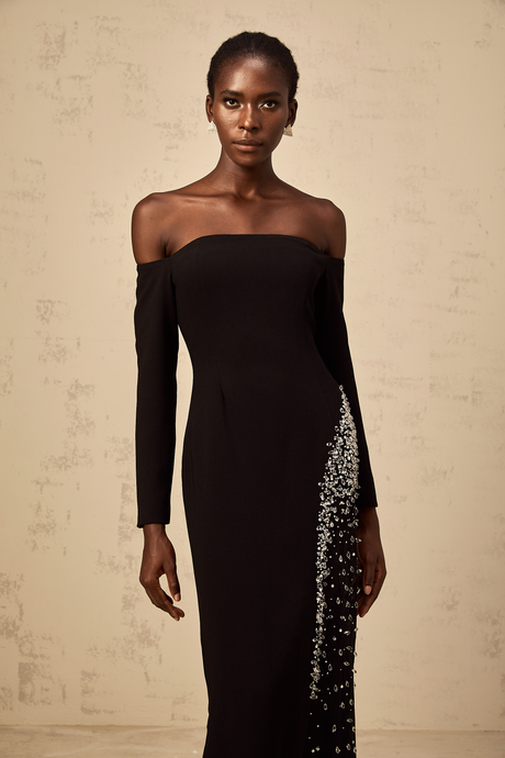 Aurohaya Hyacinthe black mesh-panel embellished maxi dress