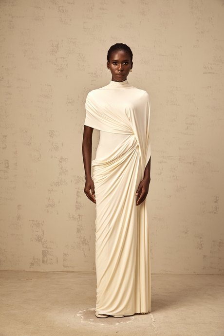 Aurohaya Fenella Asymmetrical Draped Cape & Dress Matching Set in White