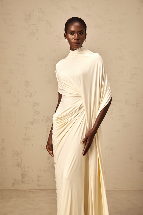 Aurohaya Fenella Asymmetrical Draped Cape & Dress Matching Set in White