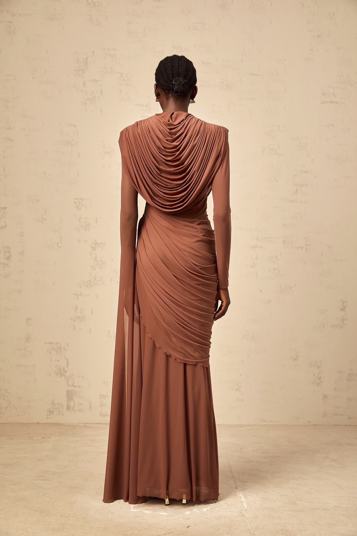 Aurohaya Danaé Brown Shirred-effect Draped Maxi Dress
