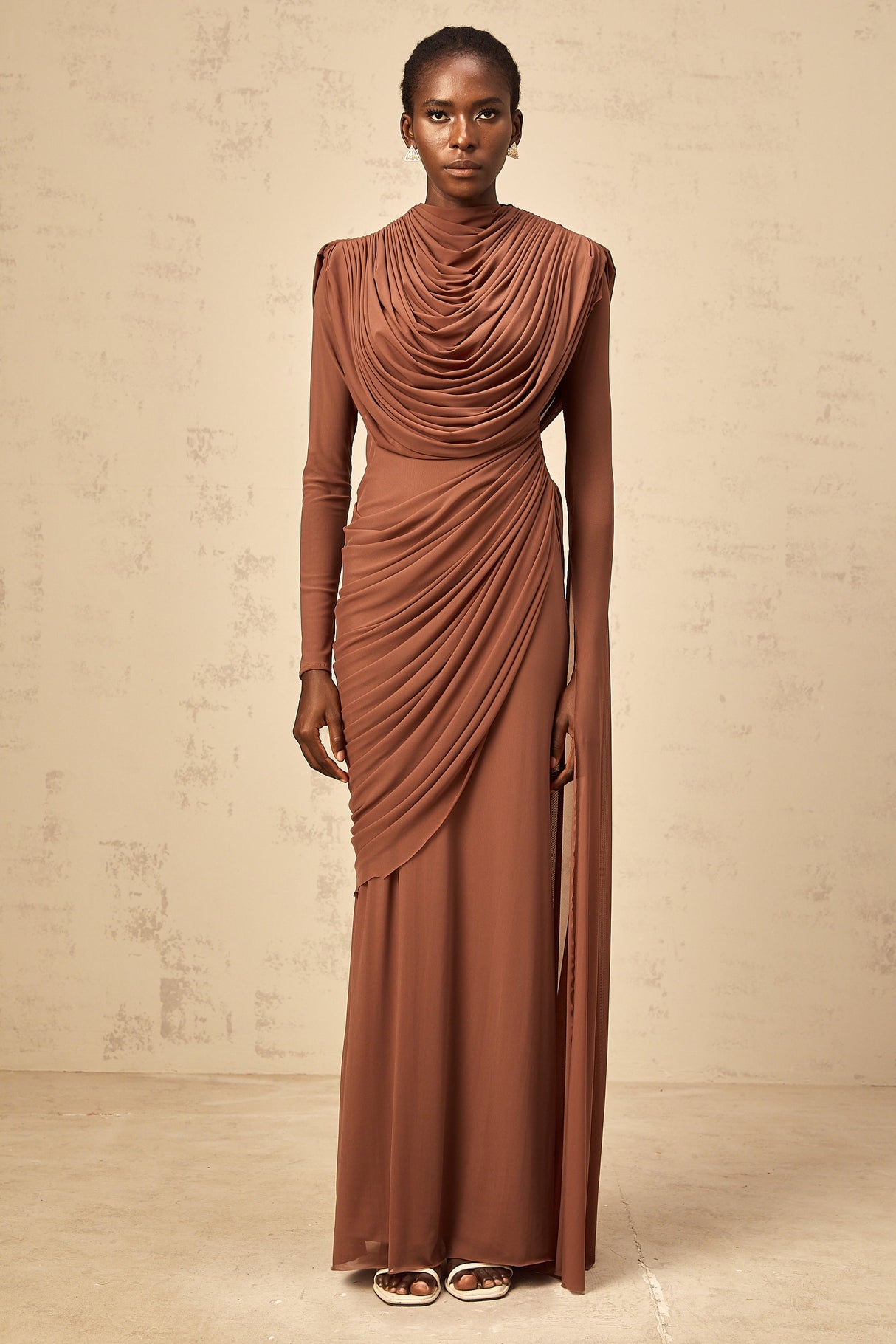 Aurohaya Danaé Brown Shirred-effect Draped Maxi Dress