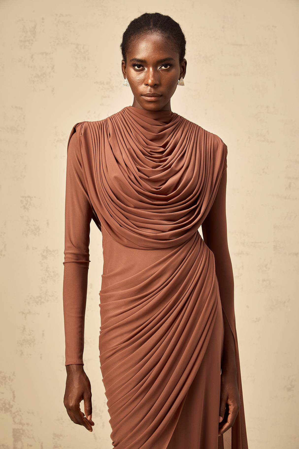 Aurohaya Danaé Brown Shirred-effect Draped Maxi Dress
