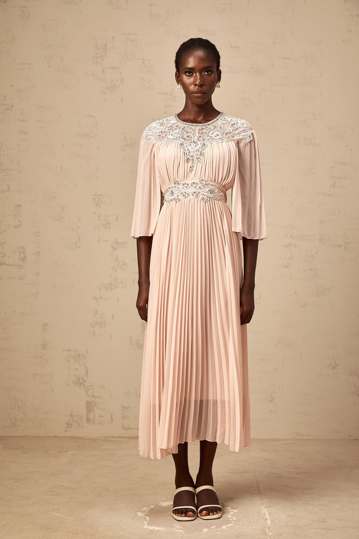 Aurohaya Théa pink crystal full-pleat midi dress