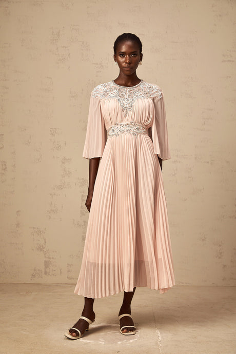Aurohaya Théa pink crystal full-pleat midi dress