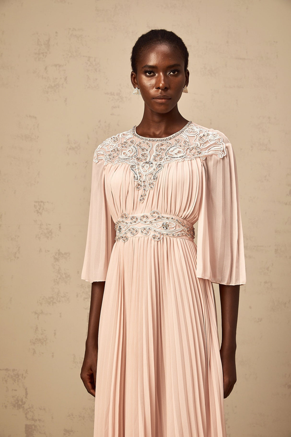Aurohaya Théa pink crystal full-pleat midi dress