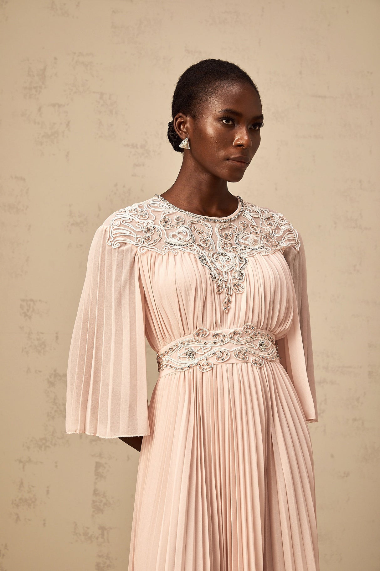 Aurohaya Théa pink crystal full-pleat midi dress