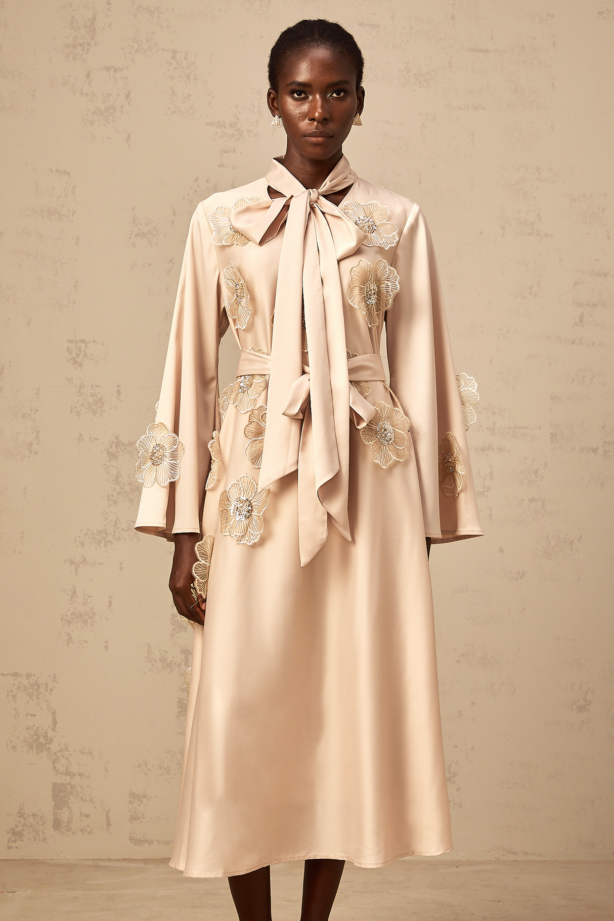 Aurohaya Orane tied floral-applique flared midi dress in Neutrals