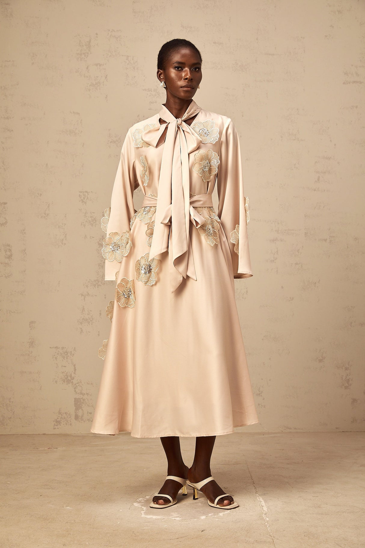 Aurohaya Orane tied floral-applique flared midi dress in Neutrals