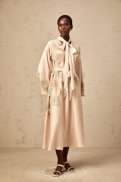 Aurohaya Orane tied floral-applique flared midi dress in Neutrals