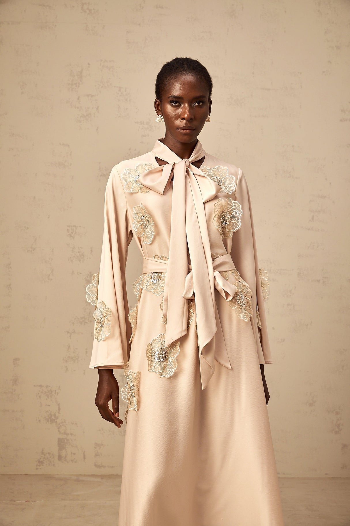 Aurohaya Orane tied floral-applique flared midi dress in Neutrals