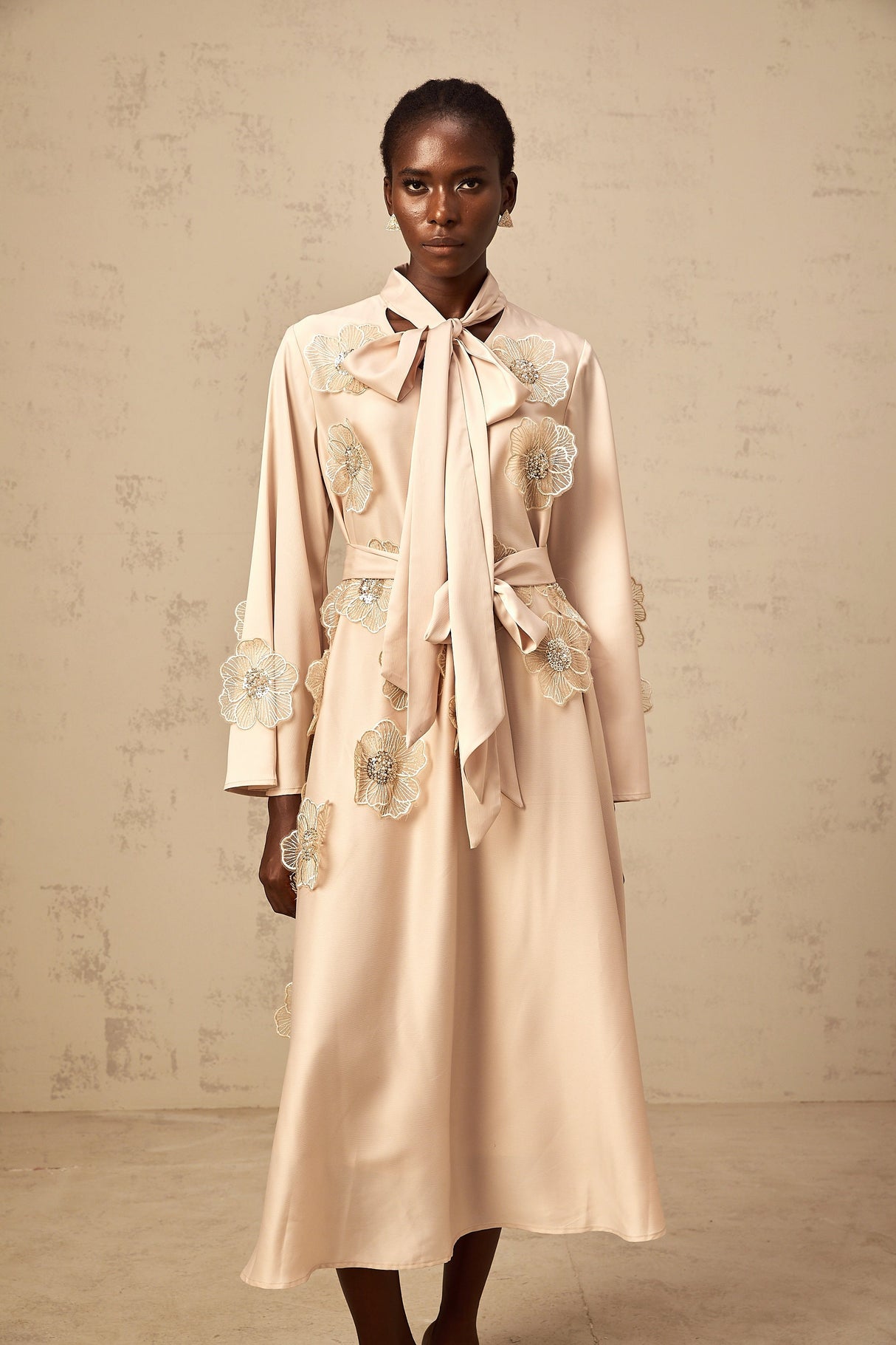 Aurohaya Orane tied floral-applique flared midi dress in Neutrals