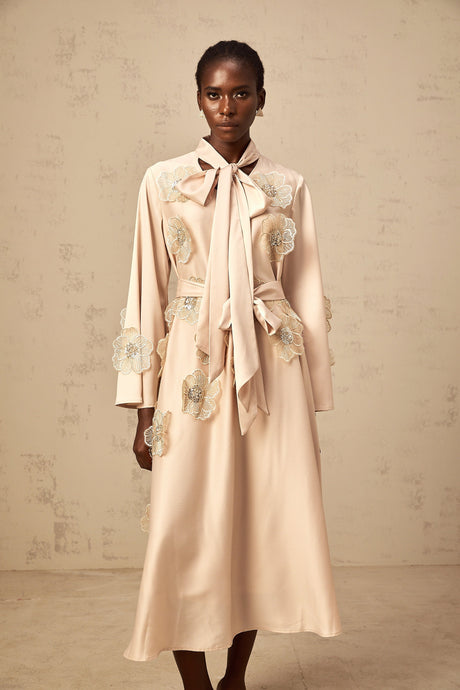 Aurohaya Orane tied floral-applique flared midi dress in Neutrals