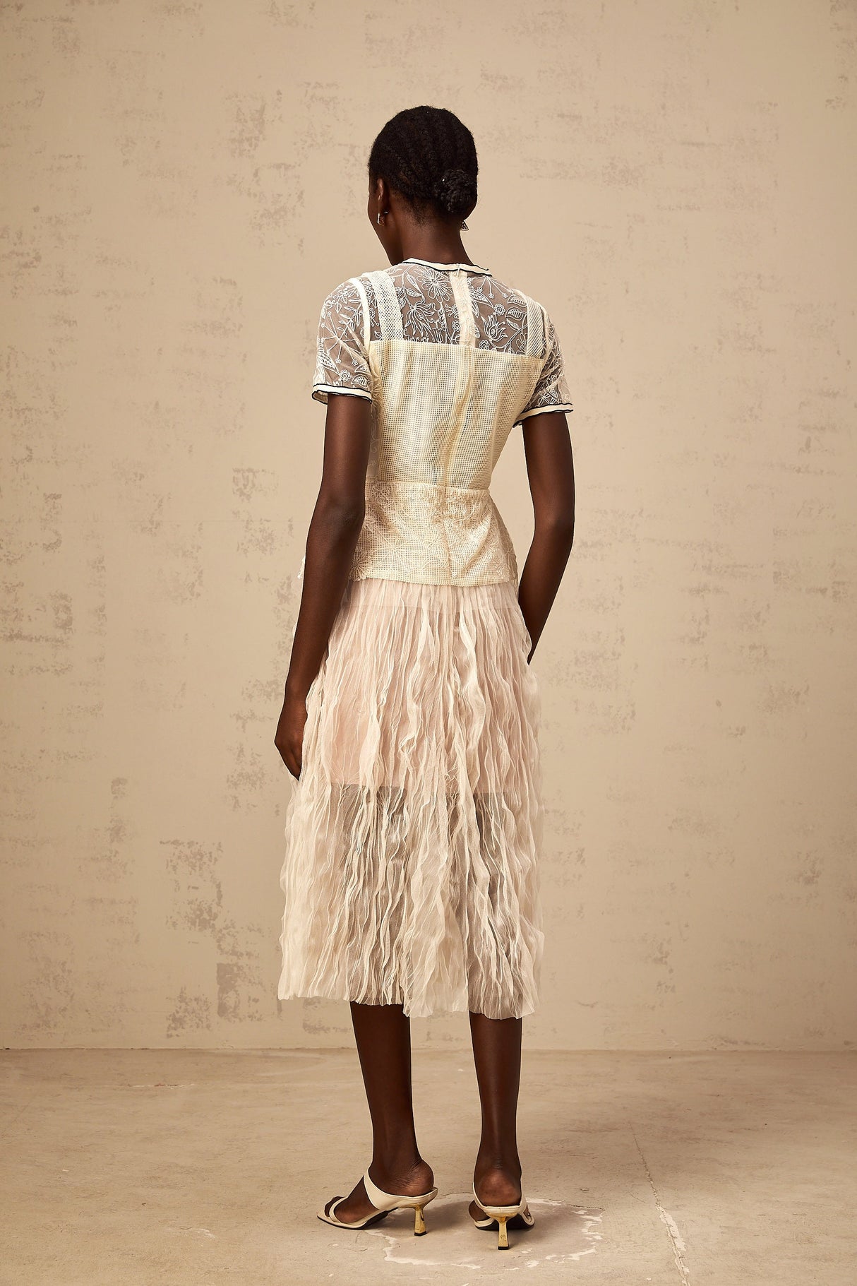 Aurohaya Sandrine beige embroidered tulle midi dress