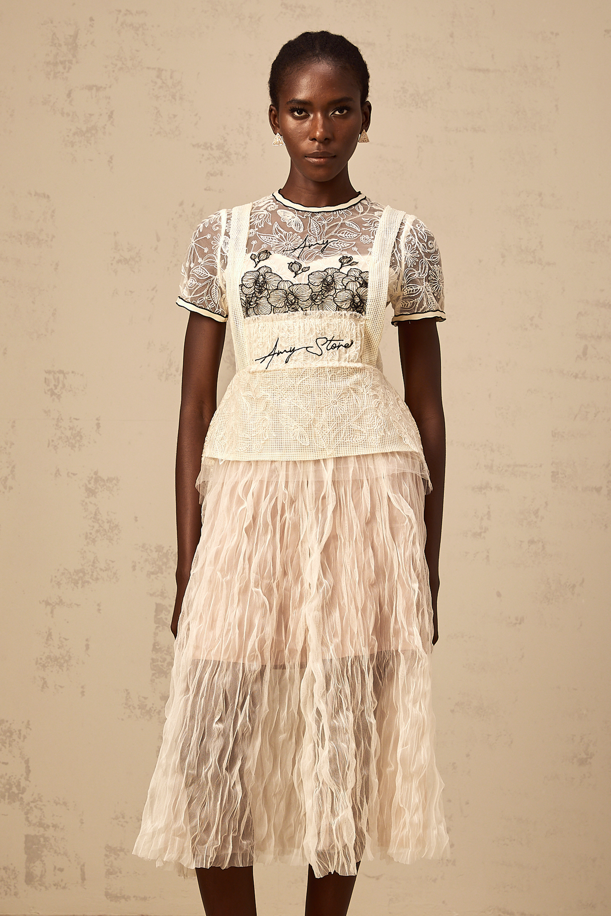 Aurohaya Sandrine beige embroidered tulle midi dress