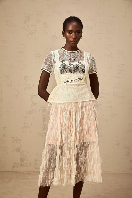 Aurohaya Sandrine beige embroidered tulle midi dress
