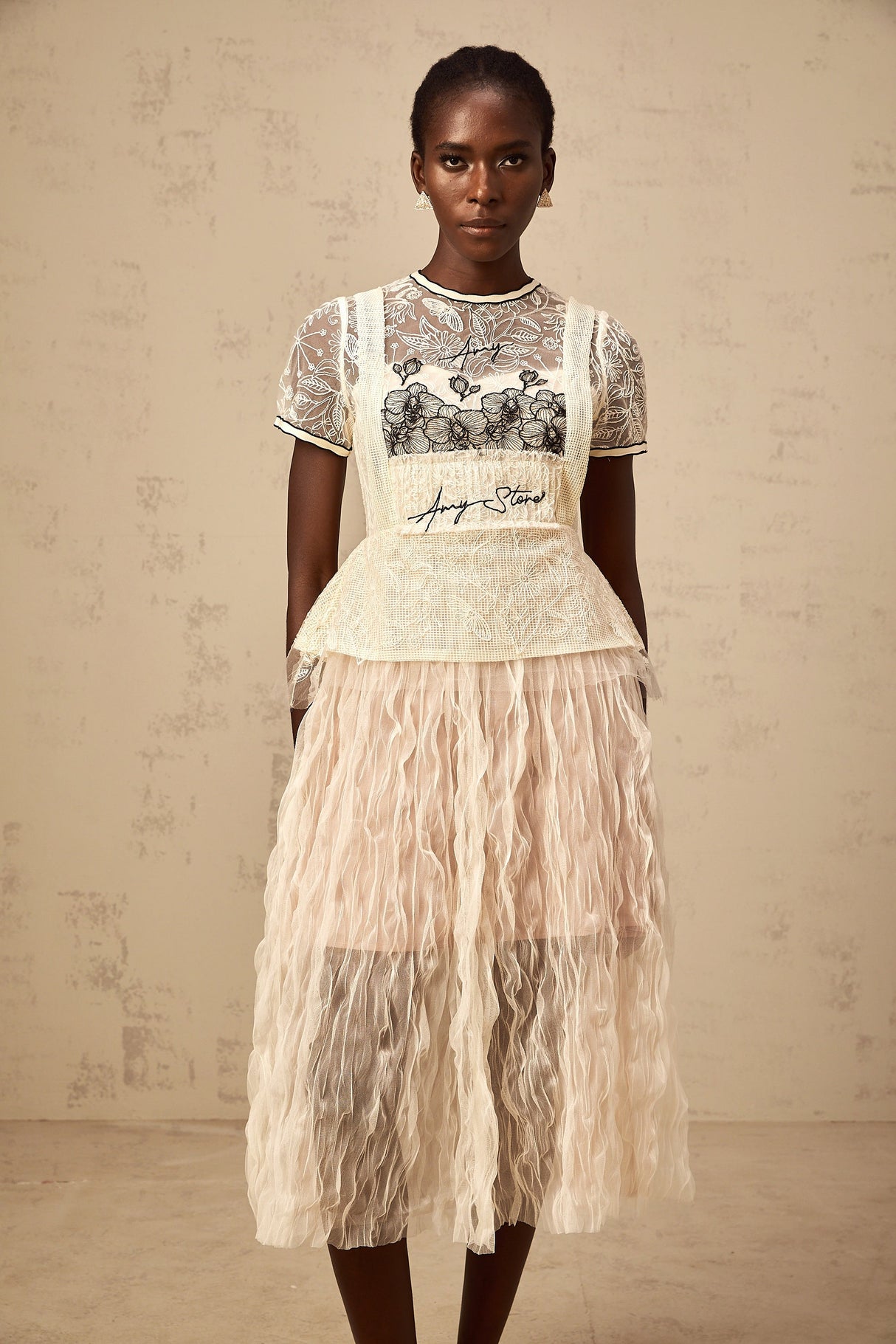 Aurohaya Sandrine beige embroidered tulle midi dress