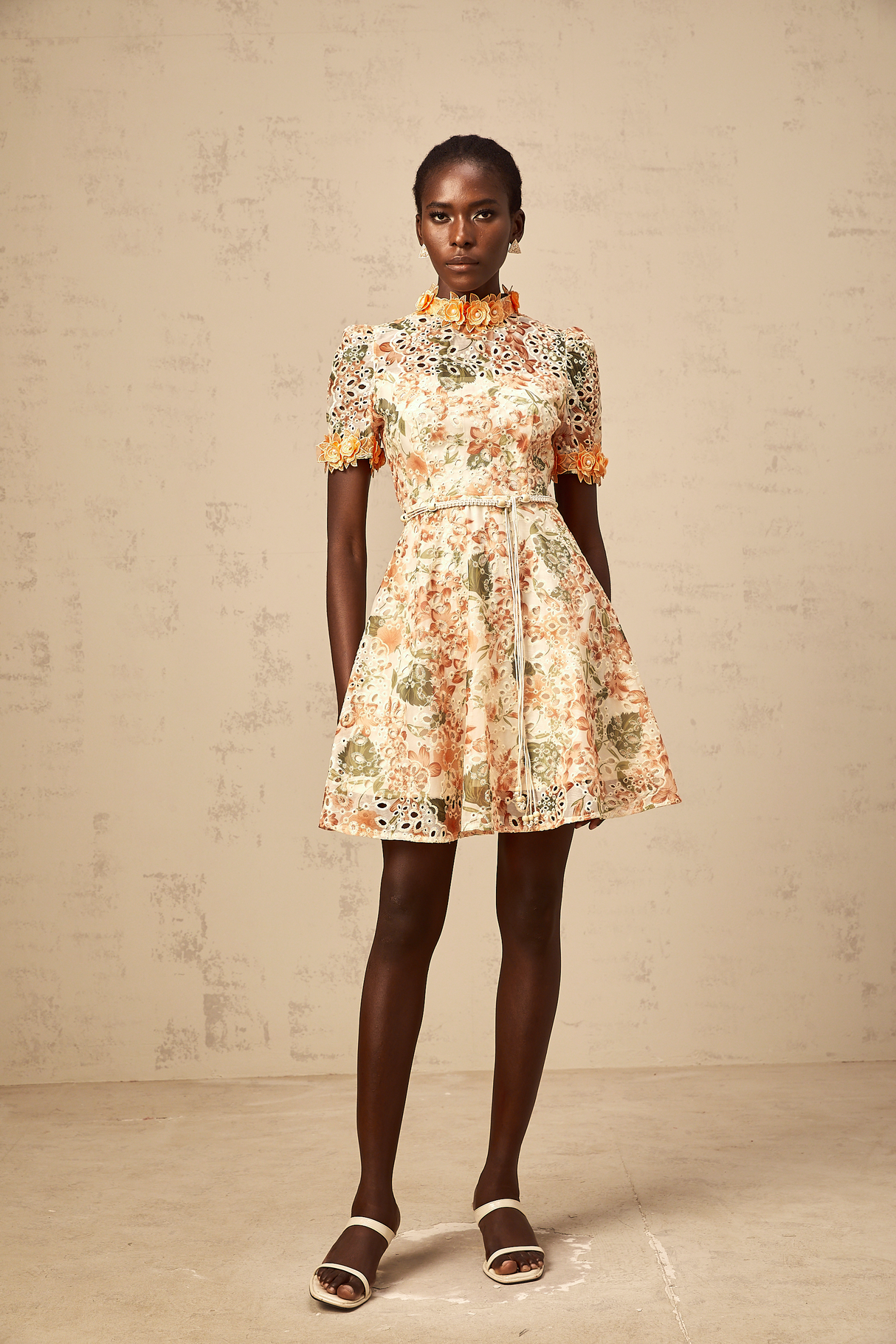 Aurohaya Lilou orange flower-embroidered embellished mini dress