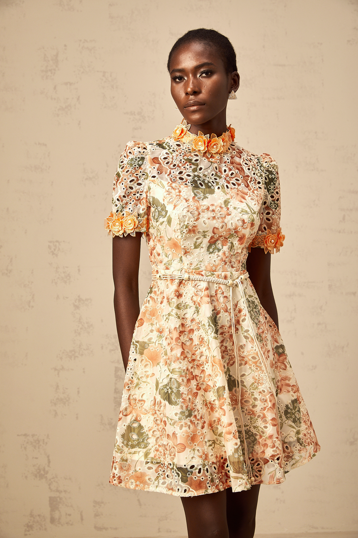 Aurohaya Lilou orange flower-embroidered embellished mini dress