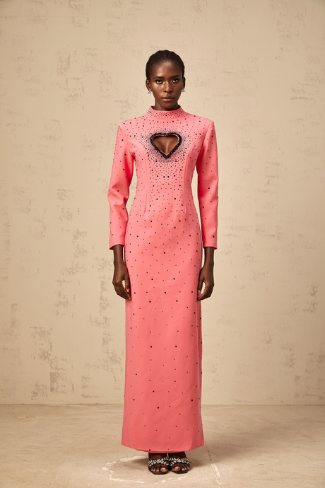 Aurohaya Zélie pink heart cut-out embellished maxi dress